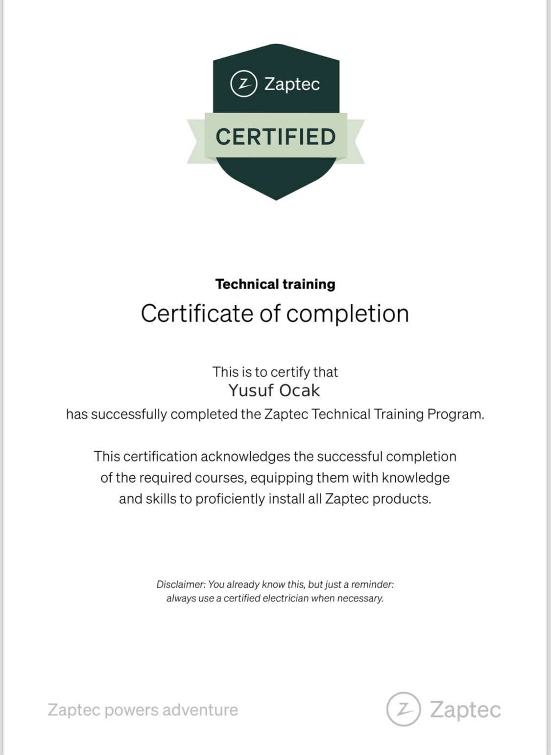 Zaptec Technical Training certificaat van Yusuf Ocak